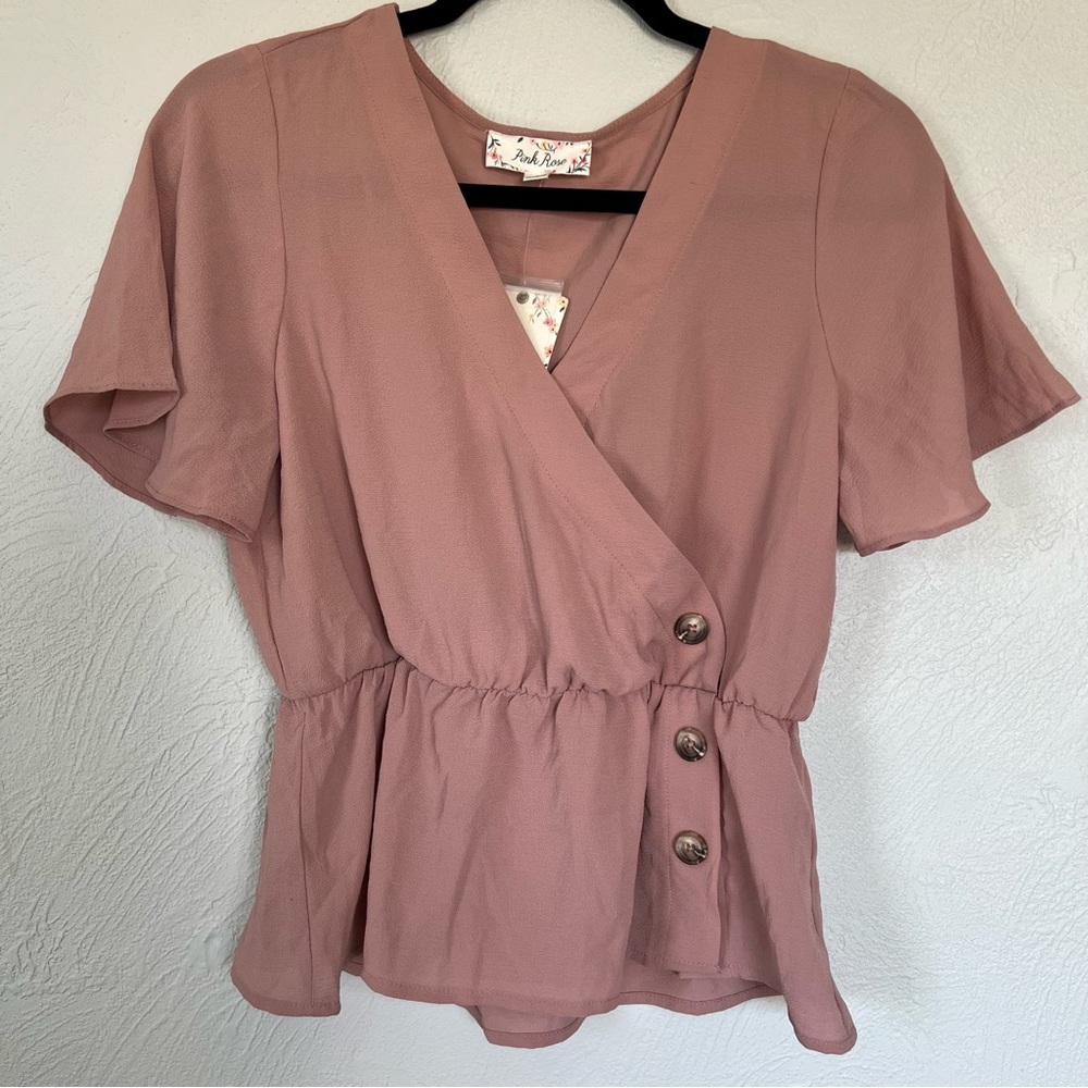 Pink Rose Blouse | Mauve Faux Wrap Peplum Top